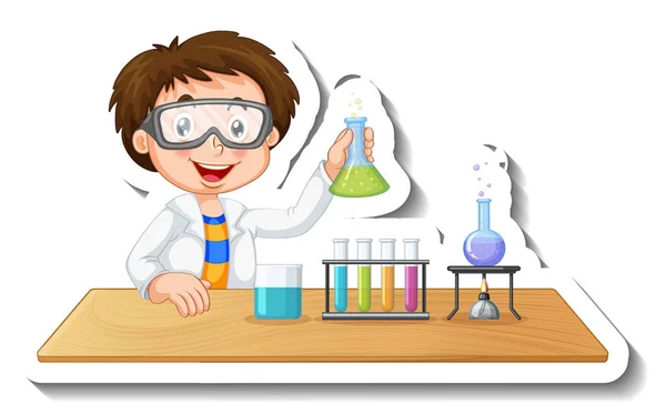 Sticker Template Cartoon Character Student Doing Chemical Experiment Illustration — Stock Vector