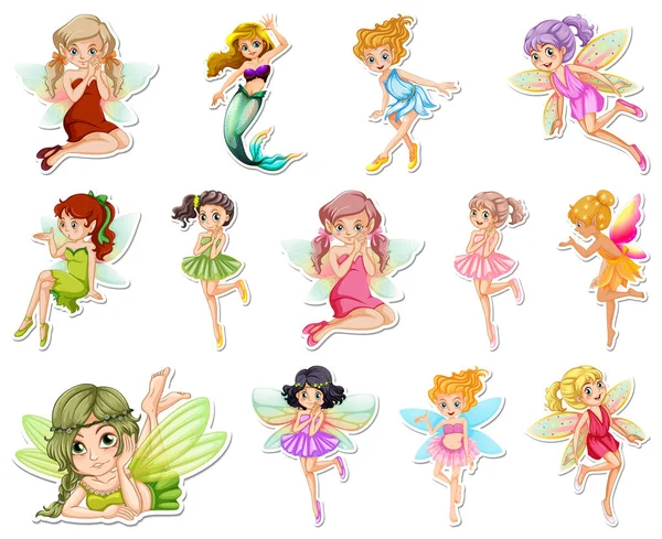 Set Stickers Beautiful Fairies Mermaid Cartoon Character Illustration — Stock Vector