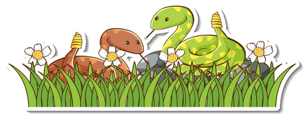 Dwa Grzechotniki Węże Zielonej Naklejce Trawy Ilustracja — Wektor stockowy
