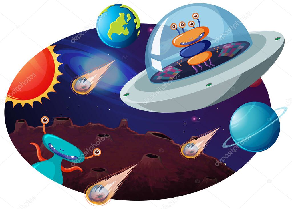 Alien in UFO with many planets and asteroids illustration
