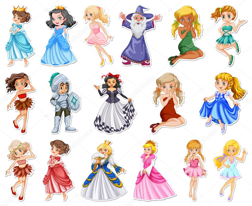 Sticker set with different fairytale cartoon characters illustration