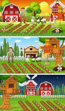 Yaşlı çiftçi ve hayvan çizgi film karakteri resimlerinin olduğu farklı çiftlik sahneleri.