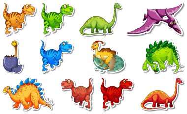Farklı tip dinozor çizgi film karakterleri çizimleri içeren çıkartma seti