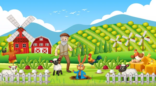 農家の老人と農家の動物のイラストと昼間のシーンでの農場 — ストックベクタ