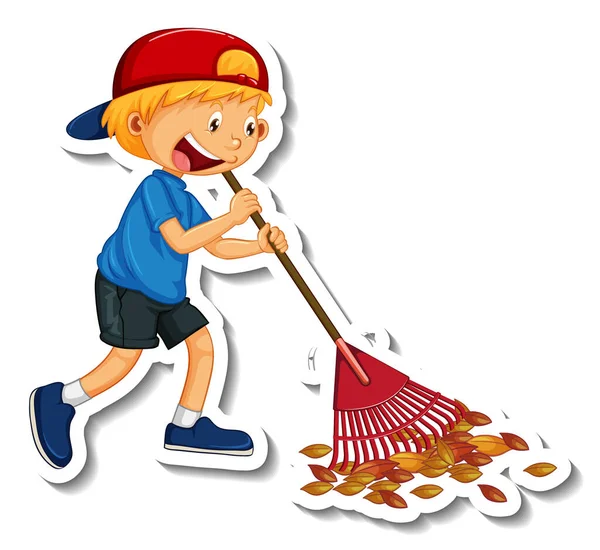 Sticker Template Boy Cleaning Cartoon Character Isolated Illustration — Stock Vector