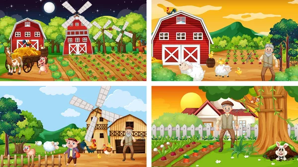 Diferentes Escenas Granja Con Ilustración Personajes Dibujos Animados Antiguos Agricultores — Archivo Imágenes Vectoriales