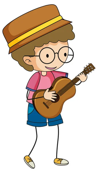 Lindo Chico Tocando Guitarra Acústica Doodle Personaje Dibujos Animados Ilustración — Archivo Imágenes Vectoriales