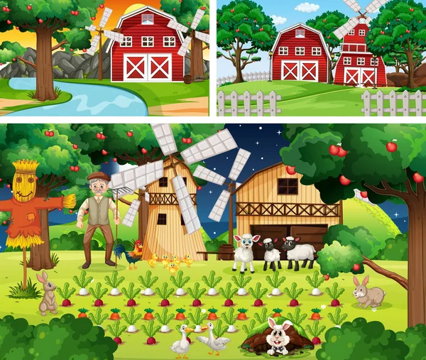 Set Farm Scenes Different Times Illustration — Stock Vector