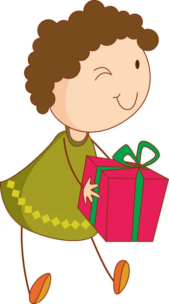 Niño Garabato Sosteniendo Personaje Dibujos Animados Caja Regalo Ilustración Aislada — Vector de stock