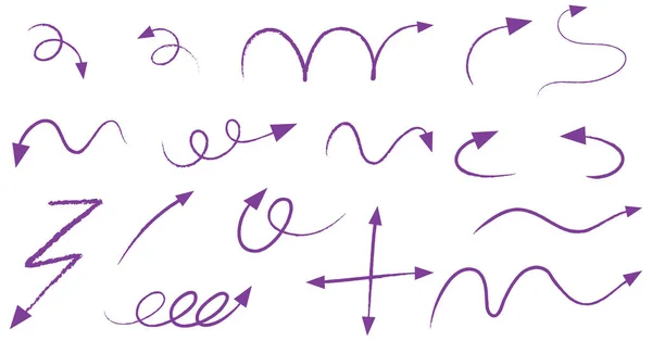 Diferentes Tipos Flechas Curvas Dibujadas Mano Púrpura Sobre Fondo Blanco — Vector de stock