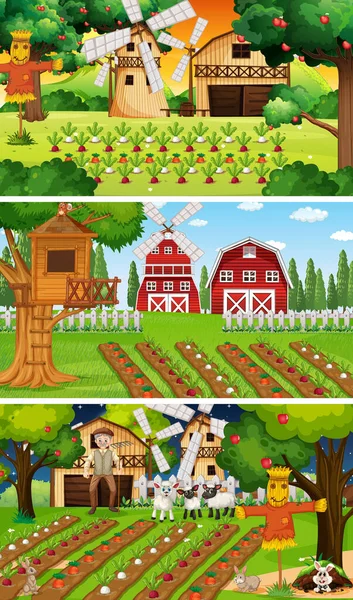 Různé Zemědělské Scény Starým Farmářem Animované Animované Postavy Ilustrace — Stockový vektor