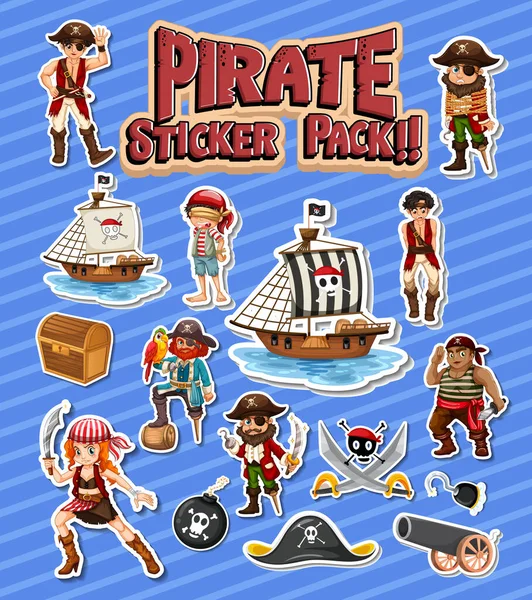 Paquete Pegatina Pirata Con Ilustración Aislada Personaje Dibujos Animados — Vector de stock