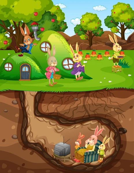 Иллюстрация Подземной Кроличьей Норы Поверхностью Сада — стоковый вектор