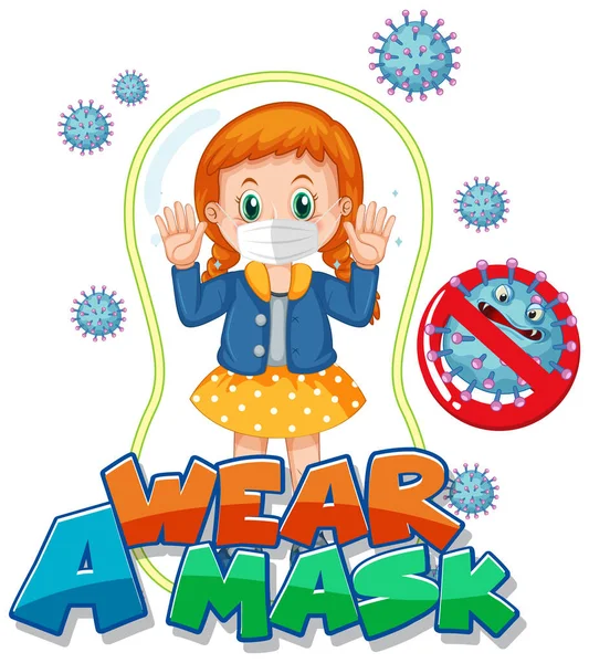 Wear Mask Font Design Girl Wearing Medical Mask White Background — Stock Vector