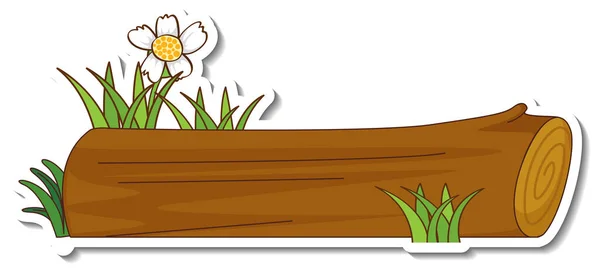 Klistermärke Trä Stock Med Gräs Och Blomma Illustration — Stock vektor