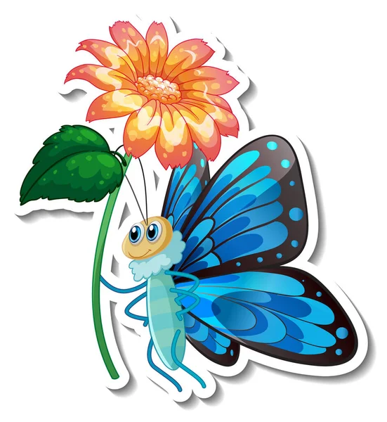 Sticker Template Cartoon Character Butterfly Holding Flower Isolated Illustration — Stock Vector