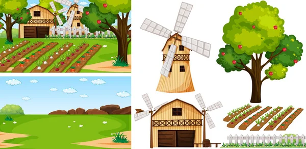 Conjunto Elementos Agrícolas Aislados Con Ilustración Escena Granja — Vector de stock