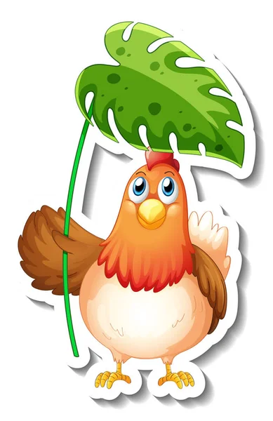 Sticker Template Cartoon Character Chicken Holding Leaf Isolated Illustration — Stock Vector