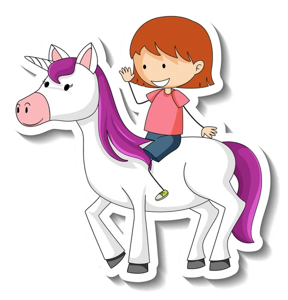 一个小女孩骑着独角兽卡通人物画的可爱贴纸 — 图库矢量图片