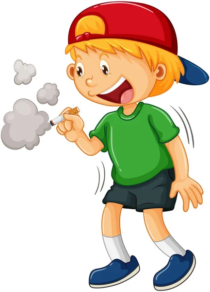 一个男孩试图在白色背景图上吸烟卡通人物 — 图库矢量图片