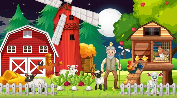 Farm Night Scene Old Farmer Man Farm Animals Illustration — Stock Vector