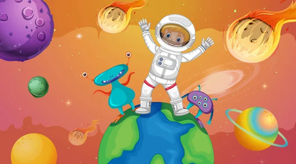Astronaut Kind Met Aliens Staan Aarde Ruimte Scène Illustratie — Stockvector