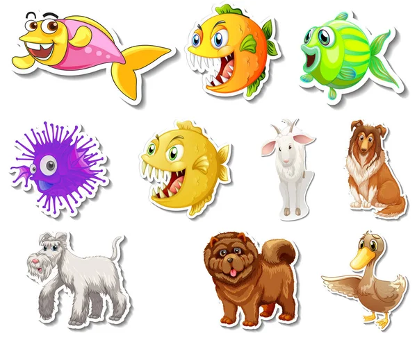 Σύνολο Αυτοκόλλητων Θαλάσσια Ζώα Και Σκύλους Εικονογράφηση Χαρακτήρα Κινουμένων Σχεδίων — Διανυσματικό Αρχείο