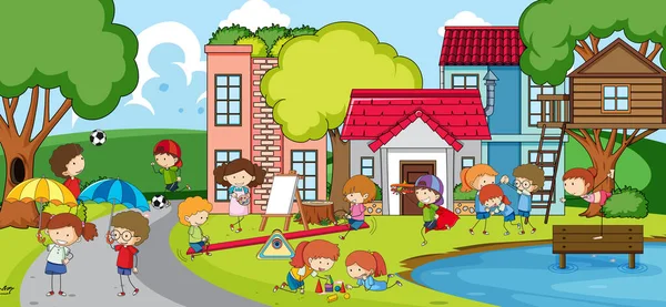 Oyun parkında oynayan çocukların olduğu açık hava sahnesi