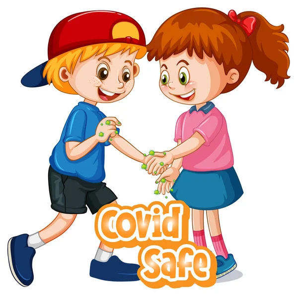 Two Kids Cartoon Character Keep Social Distance Covid Safe Font — Stock Vector