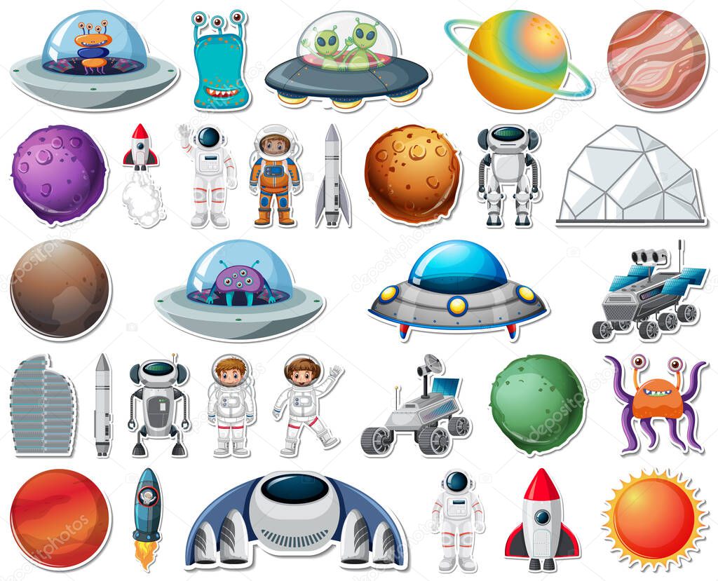 Set of stickers with Solar system objects isolated illustration