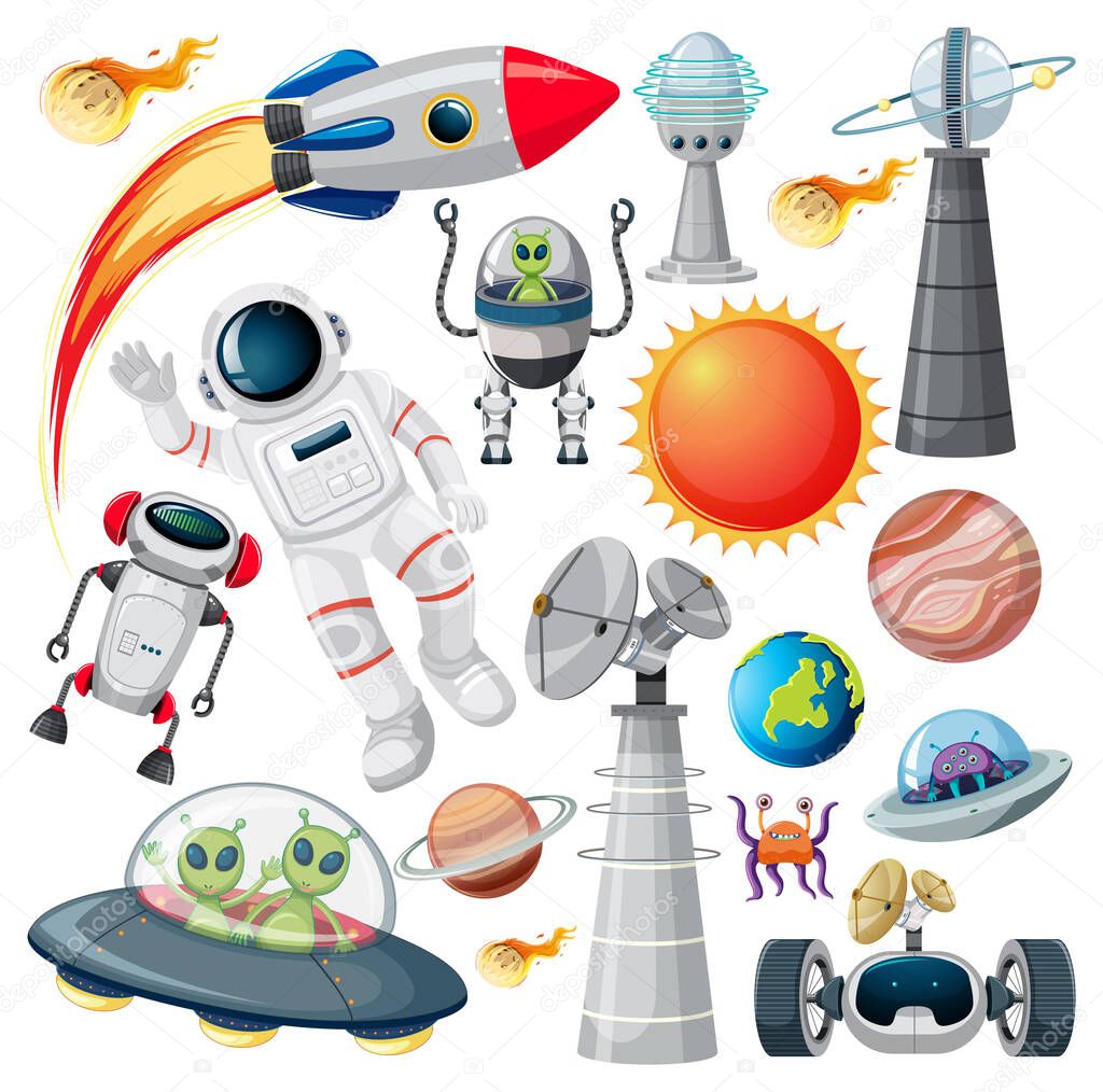 Set of various space objects on white background illustration