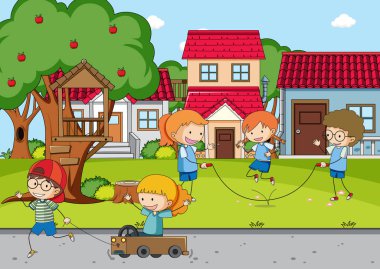 Birçok çocuğun resimli olduğu oyun alanı sahnesi