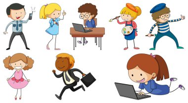 Farklı karalama çocukları çizgi film karakteri çizimleri