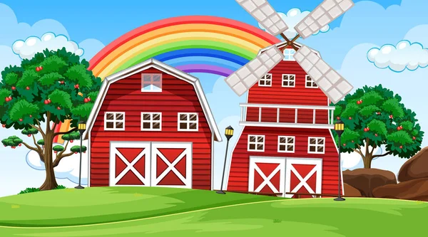 納屋や風車のイラストと農場の風景シーン — ストックベクタ