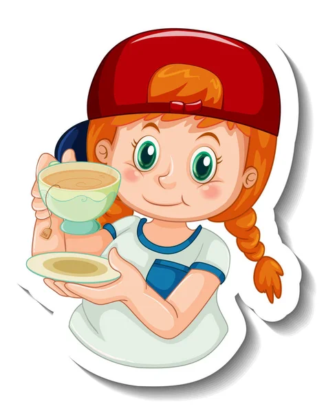 Шаблон Наклейки Дівчиною Тримає Чашку Чаю Ізольовані Ілюстрації — стоковий вектор