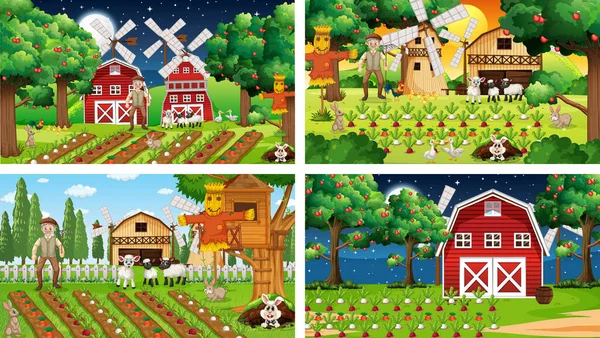 Diferentes Escenas Granja Con Ilustración Personajes Dibujos Animados Antiguos Agricultores — Archivo Imágenes Vectoriales