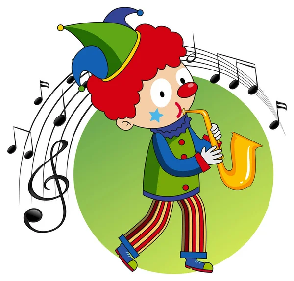 Personaje Dibujos Animados Payaso Toca Saxofón Con Símbolos Musicales Melodía — Archivo Imágenes Vectoriales