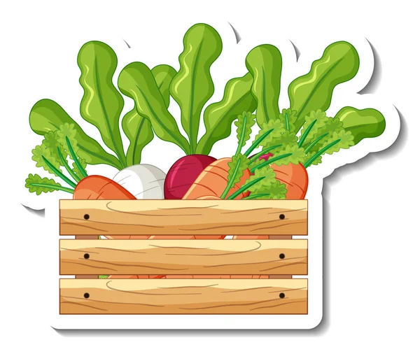 Plantilla Adhesiva Con Verduras Raíz Caja Madera Ilustración — Vector de stock