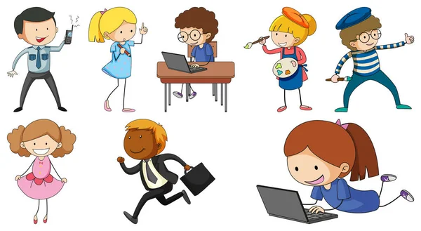 Ensemble Différentes Illustrations Personnages Dessins Animés Pour Enfants Doodle — Image vectorielle