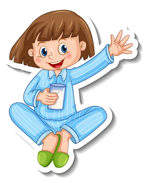 Sticker Sjabloon Met Een Meisje Draagt Pyjama Stripfiguur Geïsoleerde Illustratie — Stockvector