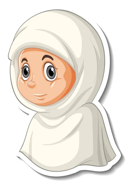 Sticker Template Portrait Muslim Girl Cartoon Character Illustration — Stock Vector