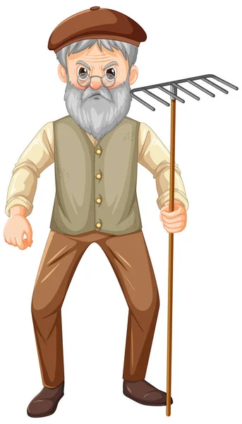 Old Farmer Man Cartoon Character Holding Rake Garden Tool Illustration — Stock Vector