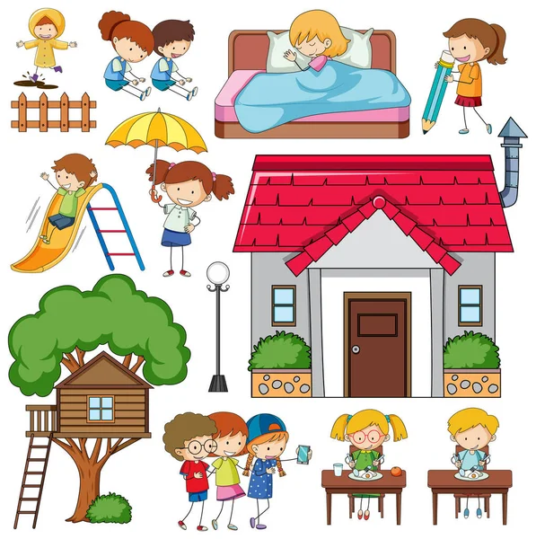 Set Van Vele Kinderen Met Een Huis Illustratie — Stockvector