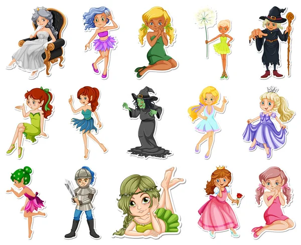 Conjunto Adesivos Com Diferentes Personagens Desenhos Animados Conto Fadas Ilustração — Vetor de Stock
