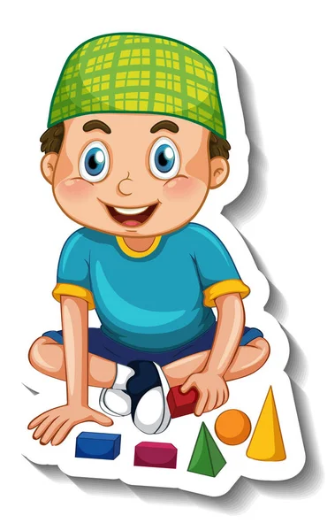 Šablona Samolepky Muslimským Chlapcem Hrající Jeho Hračky Ilustrace — Stockový vektor