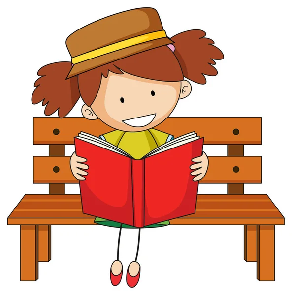 Mignon Fille Lecture Livre Doodle Dessin Animé Personnage Illustration — Image vectorielle