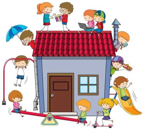 Many Kids Doing Different Activities House Illustration — Stock Vector