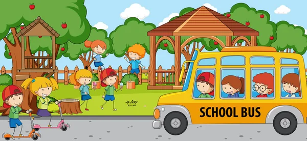 Birçok Çocuk Okul Otobüsü Illüstrasyonuyla Açık Hava Sahnesi — Stok Vektör