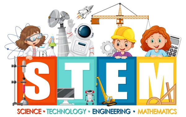 Logo Educación Stem Con Ilustración Personajes Dibujos Animados Para Niños — Vector de stock