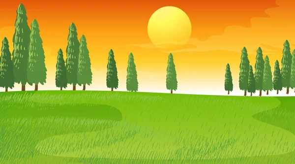 Leere Wiese Landschaft Szene Bei Sonnenuntergang Illustration — Stockvektor